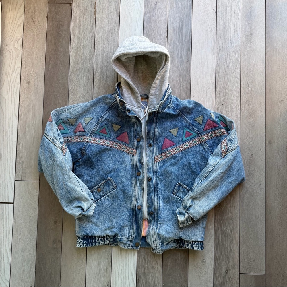 Vintage 90s Streetwear Rainbow Fiesta Lined Hooded Trucker Jacket